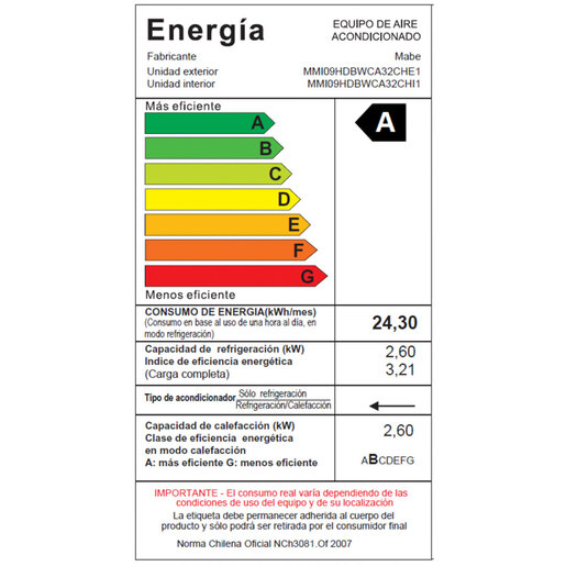 Retiq Label Aire Acondicionado Inverter 9000 BTU Blanco Mabe - MMI09HDBWCA32CH1 ...