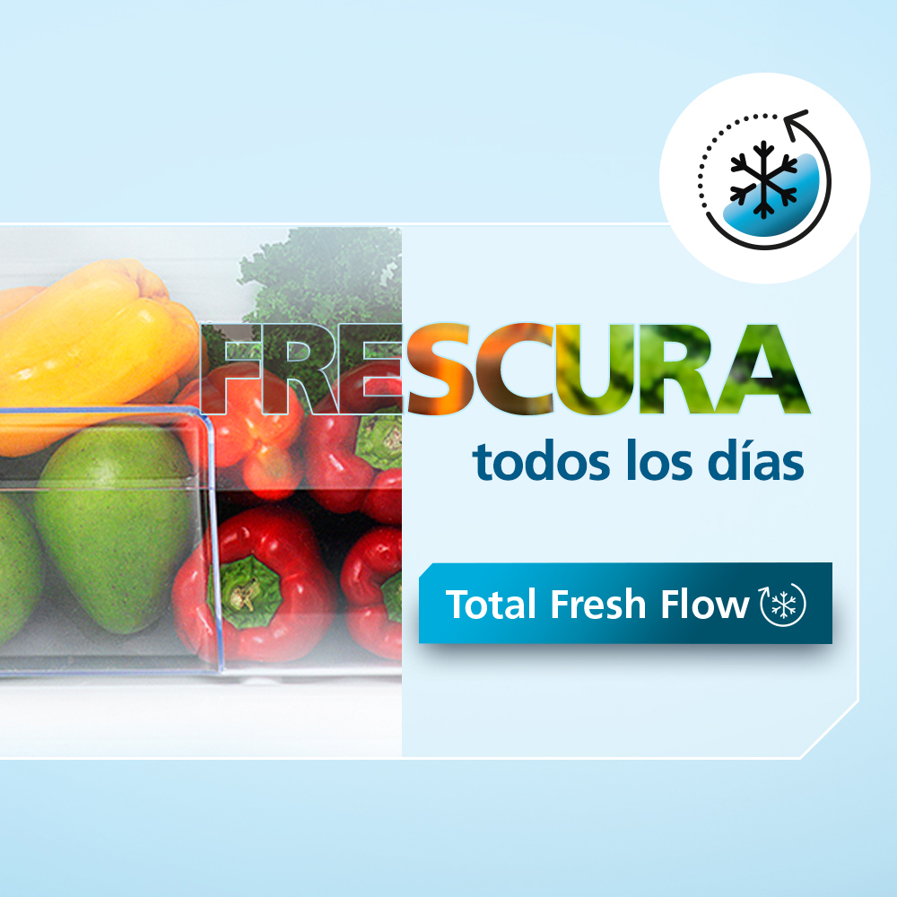 Total Fresh Flow. Tus alimentos frescos por más tiempo, gracias al congelador sellado y sus columnas de aire que brindan ahorro de energía y la mejor conservación de alimentos.